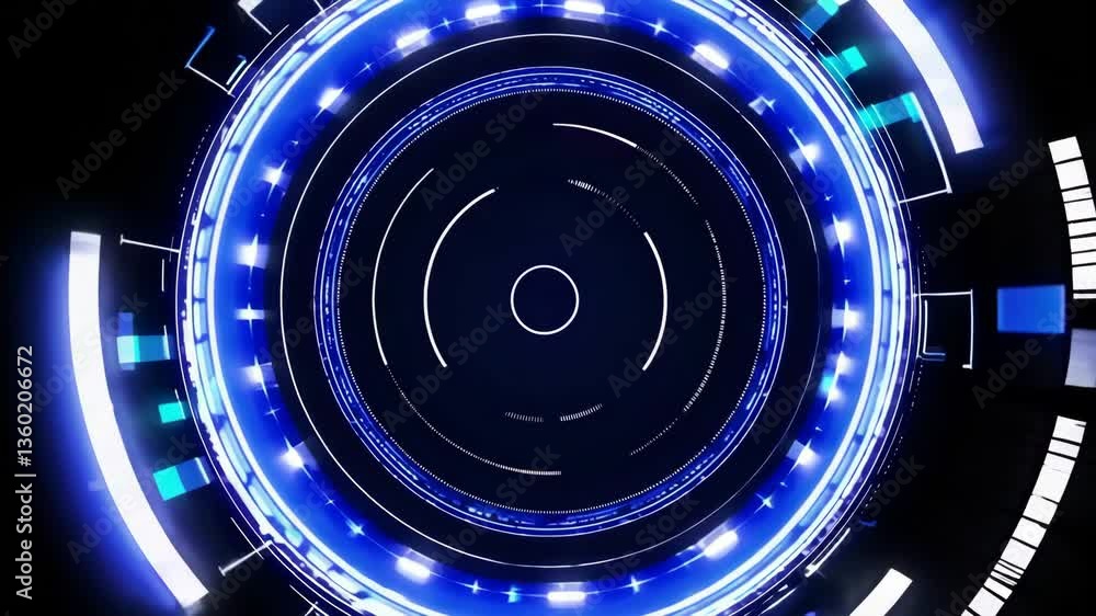 Poster futuristic neon light tunnel with rotating blue and white tech patterns