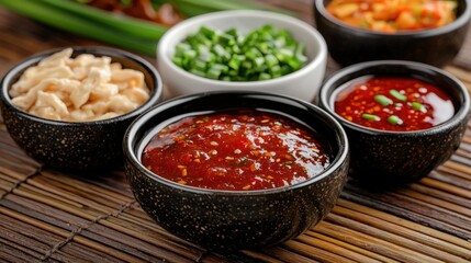 Close-up of a variety of colorful thai dipping sauces served in bowls with rich colors and textures for culinary delight