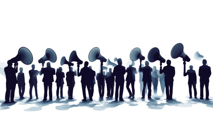 The image shows a large group of people depicted as black silhouettes against a white background. Each person holds a megaphone, suggesting a collective voice or announcement.  The silhouettes are