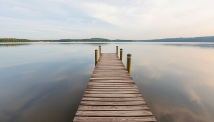 Fototapeta premium A wooden pier stretches into the blue lake under a summer sky