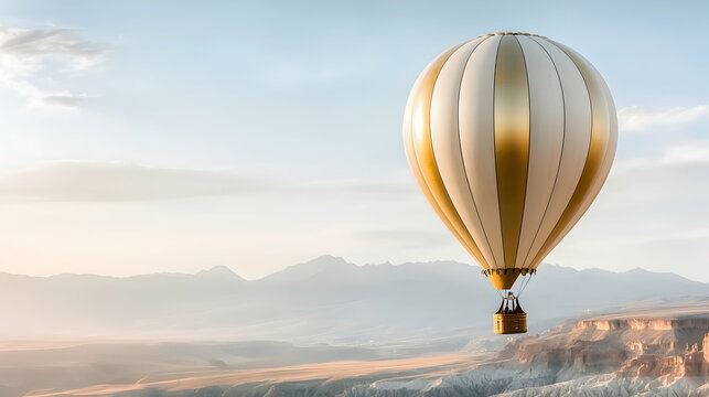 A hot air balloon floats over a stunning landscape. Perfect for travel blogs or adventure websites inspiring exploration and wonder.