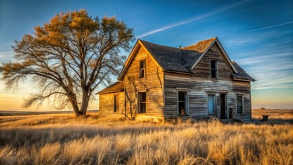 Obraz premium A weathered farmhouse stands solitary, bathed in the warm glow of the setting sun, a testament to time's passage and nature's enduring presence.