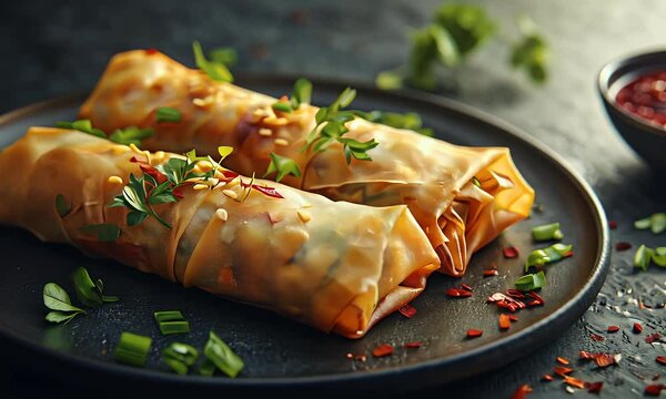 Golden spring rolls on a dark plate, garnished with greens and sesame seeds, near a bowl of dipping sauce