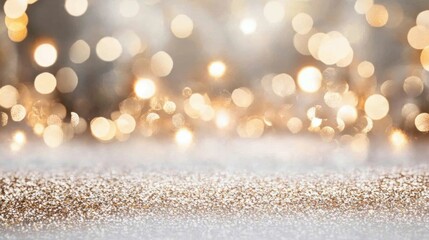 Beautiful Christmas light background. Abstract bokeh and scattered sequins in gold color of the year 2025 mocha mousse