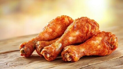 Four delicious roasted chicken drumsticks seasoned with paprika sit on a rustic wooden table against a blurred warm background perfect for food blogs or restaurant menus.
