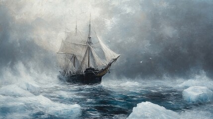 Sailing ship, stormy sea, icebergs, arctic, adventure,  ocean voyage, historical painting, nautical art