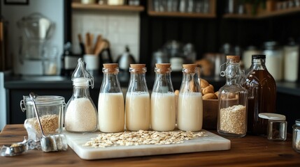 A homemade oat milk and almond milk station with glass bottles and natural sweeteners