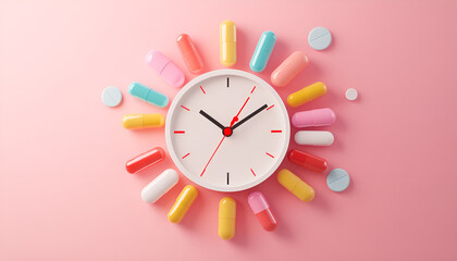Creative clock made of pills and capsules on soft pastel background, healthcare concept