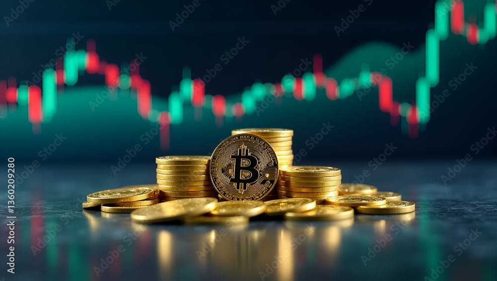 Poster flat stacked gold coins reflecting on table with financial stock market graph background concept as 
