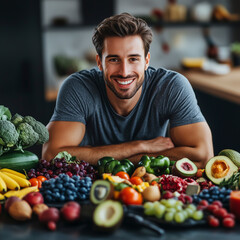 Fototapeta premium Smiling man at a table full of fruit.
