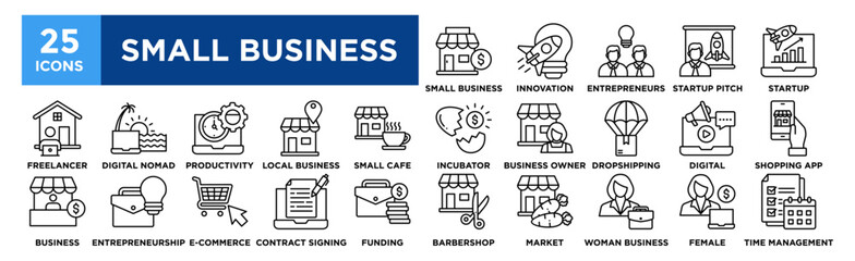 Small Business icon collection set. Containing design Small Business, Startup and Innovation, Entrepreneurs Brainstorming, Startup Pitch, Startup