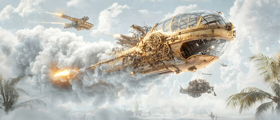 A fantastical steampunk airship battles in a cloudy sky. This artwork is perfect for fantasy novels video games or art prints.