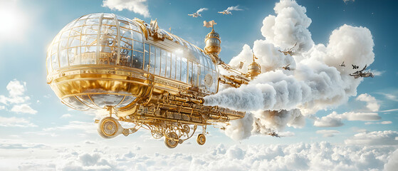 A golden steampunk airship soaring above the clouds. Perfect for fantasy book covers or game backgrounds. Capture a sense of adventure and wonder.