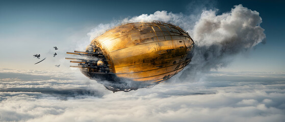 A golden steampunk airship soars through the clouds. Its design suggests advanced technology with intricate details. Ideal for fantasy or sci-fi book covers or game assets.