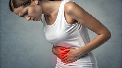 young woman in a white sleeveless shirt clutches her stomach in pain. Her expression shows discomfort, and a red glow highlights the affected area, symbolizing severe abdominal pain or cramps.
