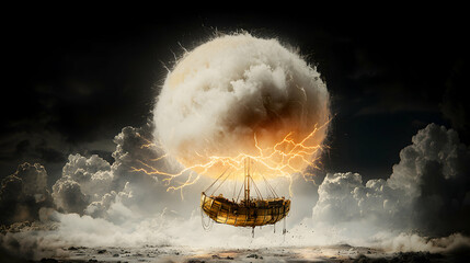 A fantastical golden vessel navigates a stormy sky. It's engulfed in lightning and clouds creating an adventurous and dramatic scene perfect for fantasy art.