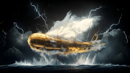A golden airship battles a storm. Lightning strikes around it as it surges from the waves. Use it as an epic book cover art or fantasy game background.