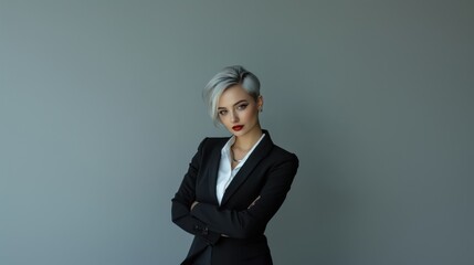 A stylish, confident girl in a business suit smiling and looking at the camera on a gray background. She looks elegant, with an expression of confidence and professionalism