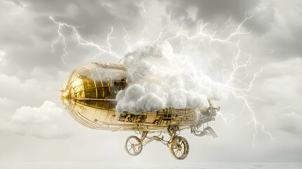A golden steampunk airship is caught in a thunderstorm. A fantastical scene perfect for fantasy or sci-fi themed projects or book covers.