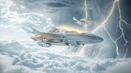 Futuristic spacecraft navigates a stormy sky amidst lightning strikes. Use this image for sci-fi illustrations concept art or game backgrounds. 