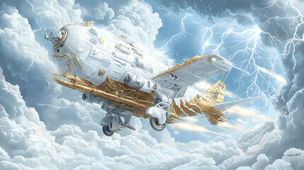 A fantastical aircraft streaks through stormy skies. Imagine this as a book cover a game environment or a unique piece of art.