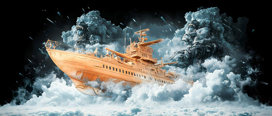 A golden airship battles storm clouds monsters in a surreal fantastical sky. Perfect for book covers game art or imaginative illustrations.