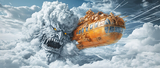 A steampunk airship battles a cloud monster in a fantastical sky. Perfect for game art or fantasy illustrations exploring aerial combat scenes.
