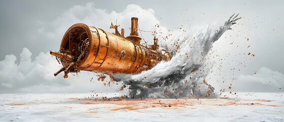 A steampunk airship breaches a white plane. A fantastical scene with a unique design. Use as a sci-fi book cover or art print.