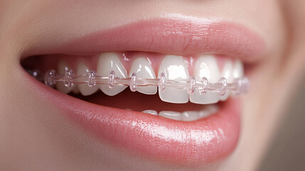 Close-up of a smile with clear aligners, showcasing healthy, white teeth and pink lips.  Represents dental health, cosmetic dentistry, and orthodontic treatment