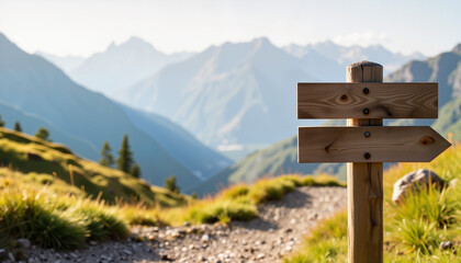 Wooden hiking signpost amidst rocky mountain path, nature exploration