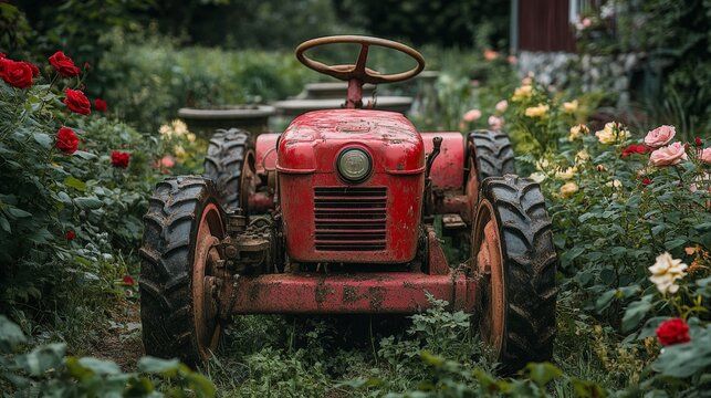 A red tractor is sitting in a field of flowers. The tractor is old and dirty, and it is surrounded by a beautiful garden of roses. The scene is peaceful and serene