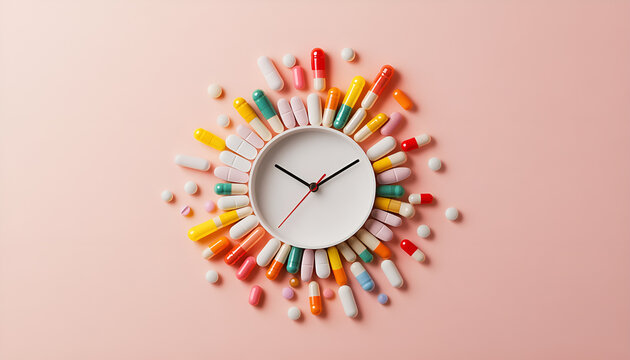 Creative clock made of pills and capsules on soft pastel background, healthcare concept