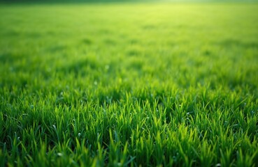 Obraz premium Close-up of green meadow grass field, texture. Fresh turf, natural background. Eco concept, summer spring season scenery. Empty sport ground, park, outdoor.