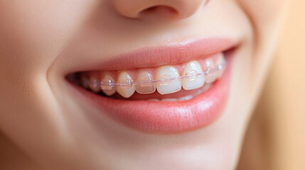 Obraz premium Close-up of a smiling mouth with clear braces, showcasing healthy teeth and pink lips. Illustrates oral hygiene and orthodontic treatment