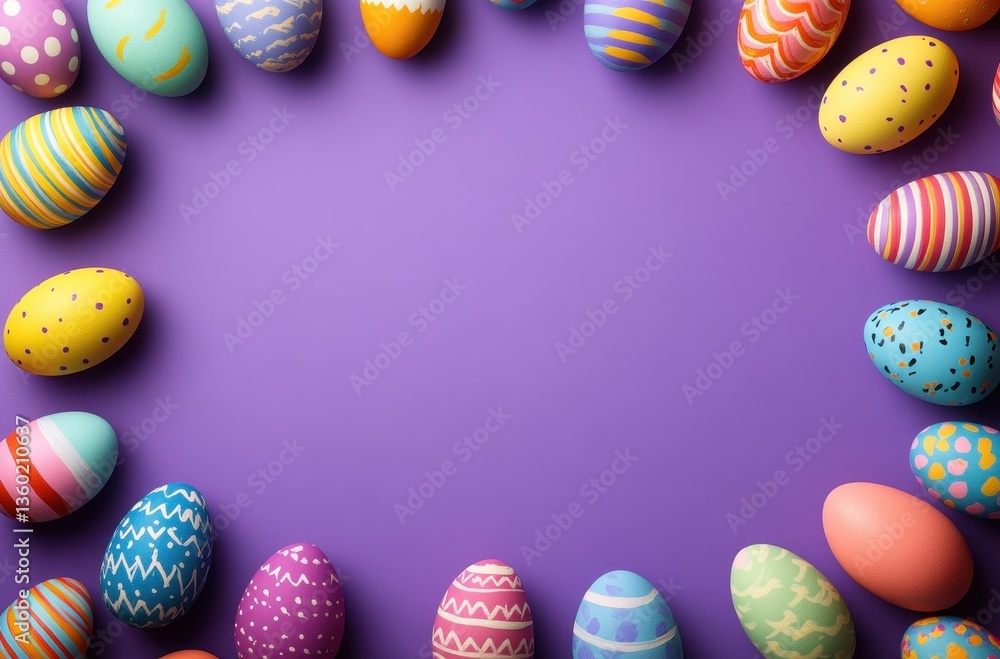 Poster vibrant and colorful easter eggs arranged in a circular pattern on a purple background perfect for s