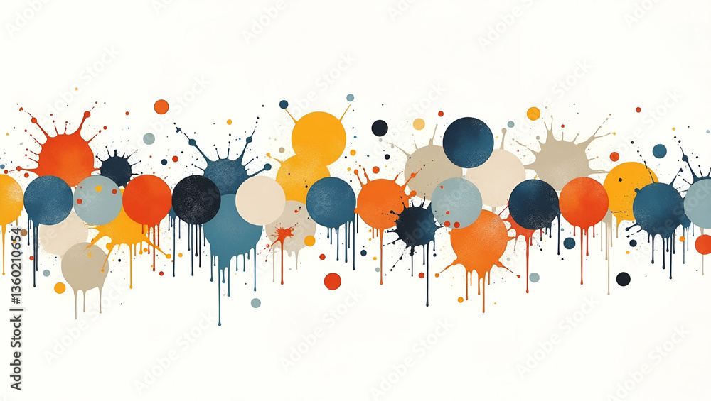 Poster flat abstract painted circle tile pattern with artistic splashes and drips on white for expressive v