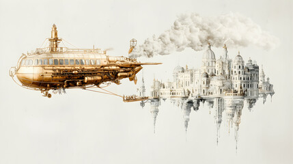 A steampunk airship floats above a fantastical floating city. Could be used for book covers or game art adding a unique aesthetic appeal.