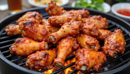 Spicy barbecue chicken wings sizzling on a grill, outdoor enjoyment