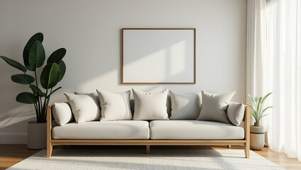 Cozy Living Room Concept: Stylish Sofa Chair and Picture Frame for Home Decor in Photo Stock