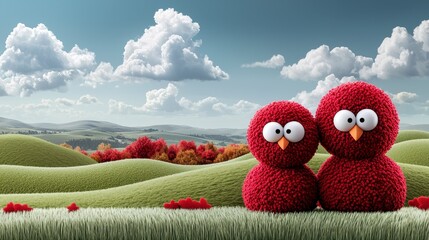 Two Red Fluffy Bird Characters on a Green Hillside under a Sunny Sky