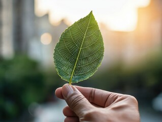 A hand holds a detailed leaf against a blurred urban background, capturing the contrast between nature and city life during sunset.