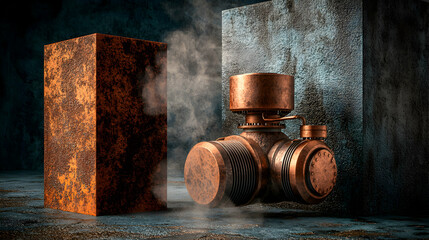 A steampunk inspired image featuring textured rusted objects. Use for gaming backdrops or industrial design inspiration. The metallic elements are striking.