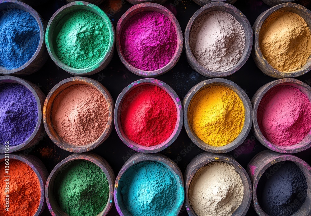 Poster vibrant and colorful powdered pigments in round bowls arranged in a grid pattern for artistic and cr