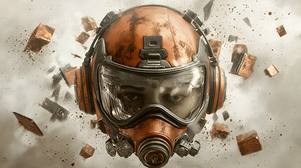 A futuristic helmet with visible eyes inside a broken environment. Ideal for sci-fi gaming or cinematic posters suggesting action or danger in a dystopian future.