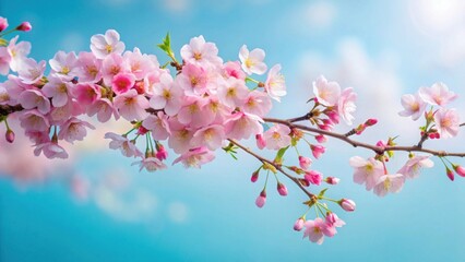 Obraz premium Delicate Pink Blossoms on a Branch Against a Soft Blue Sky Background