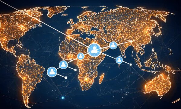Illuminated world map with person icons connected by lines, showcasing global networks and interconnectedness on a blue background