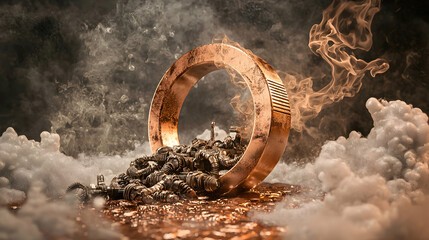 A steampunk ring spilling mechanical parts with swirling smoke. Use for fantasy book covers or concept art. Explore themes of decay transformation.