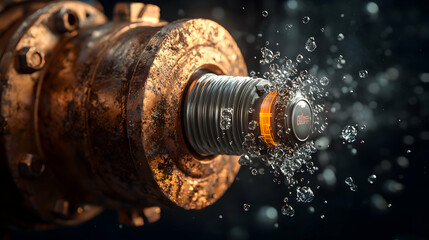 An industrial close-up features a rusted metal fixture. Water droplets explode from its glowing internal component suggesting a powerful energy source. The scene is dramatic.