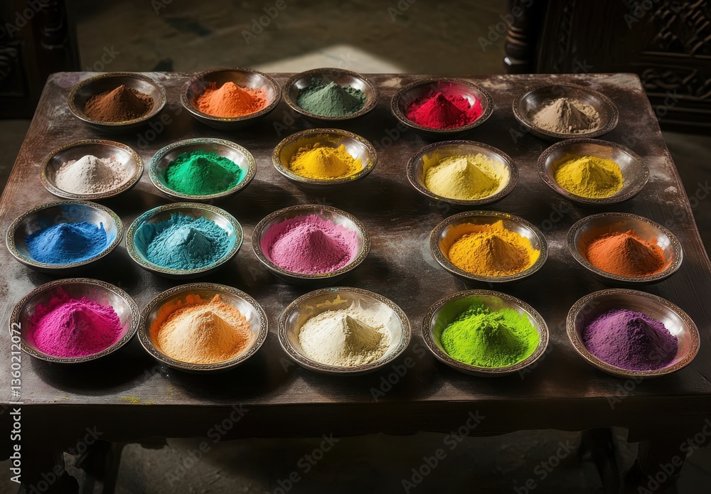 Poster vibrant and colorful powders displayed in round bowls on wooden table in artistic layout for creativ