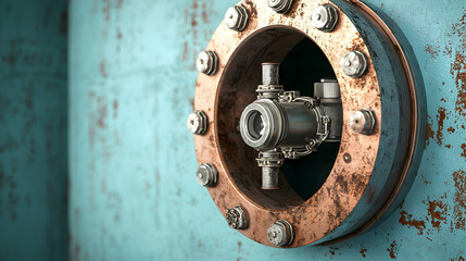 A close-up showcases a rusted metal structure. It looks like an industrial porthole or vault door. The textures and details evoke a sense of age and mechanics. Possible application: futuristic design.
